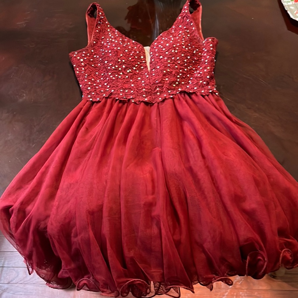 Dark Red Tea Party Dress with gem covered bust and ruffled skirt